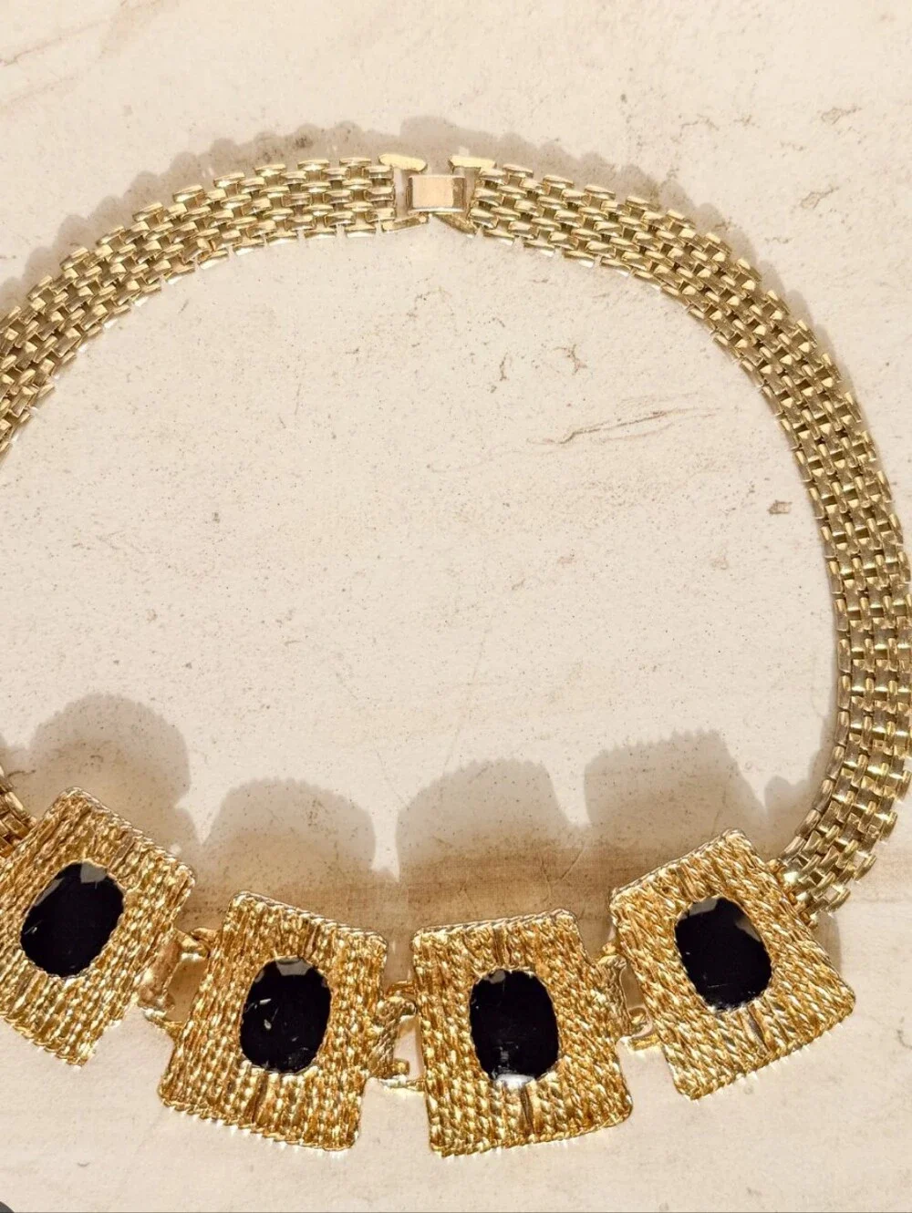 Vintage Gold Tone Black Enamel Chain Link Necklace with Black Cabochons